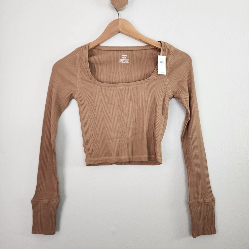 Aerie Square Neck Ribbed Long Sleeve Crop Top Tan Light Brown Nude Size XS NWT